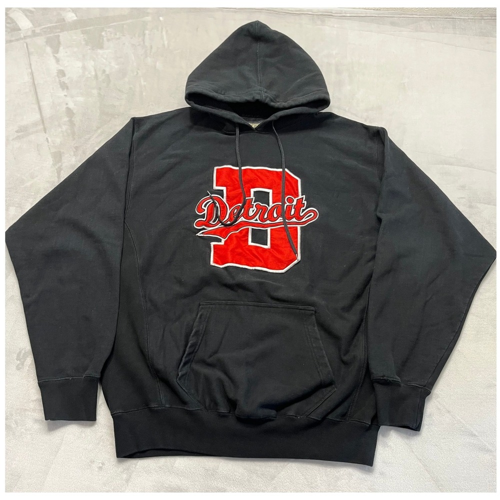 Vtg Steve and Barrys Detroit Hoodie Mens XL Black Embroidered Patch Heavy Y2K